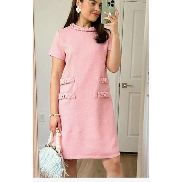 Women's Tweed Dress Short Sleeve Crew Neck A-line SIZE LARGE - Picture 3 of 4